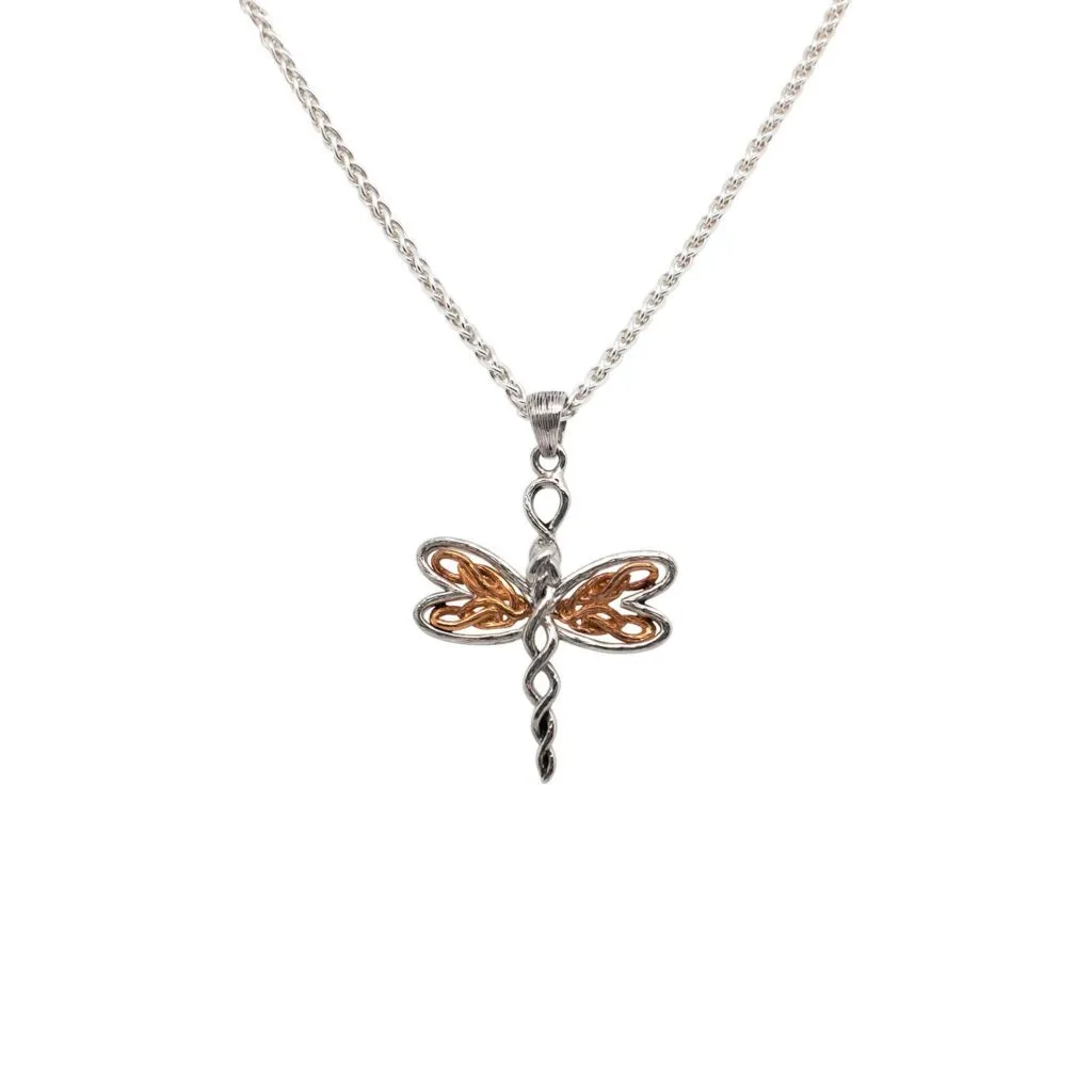 Silver and 10k Yellow or Rose Gold Dragonfly Petite Pendant