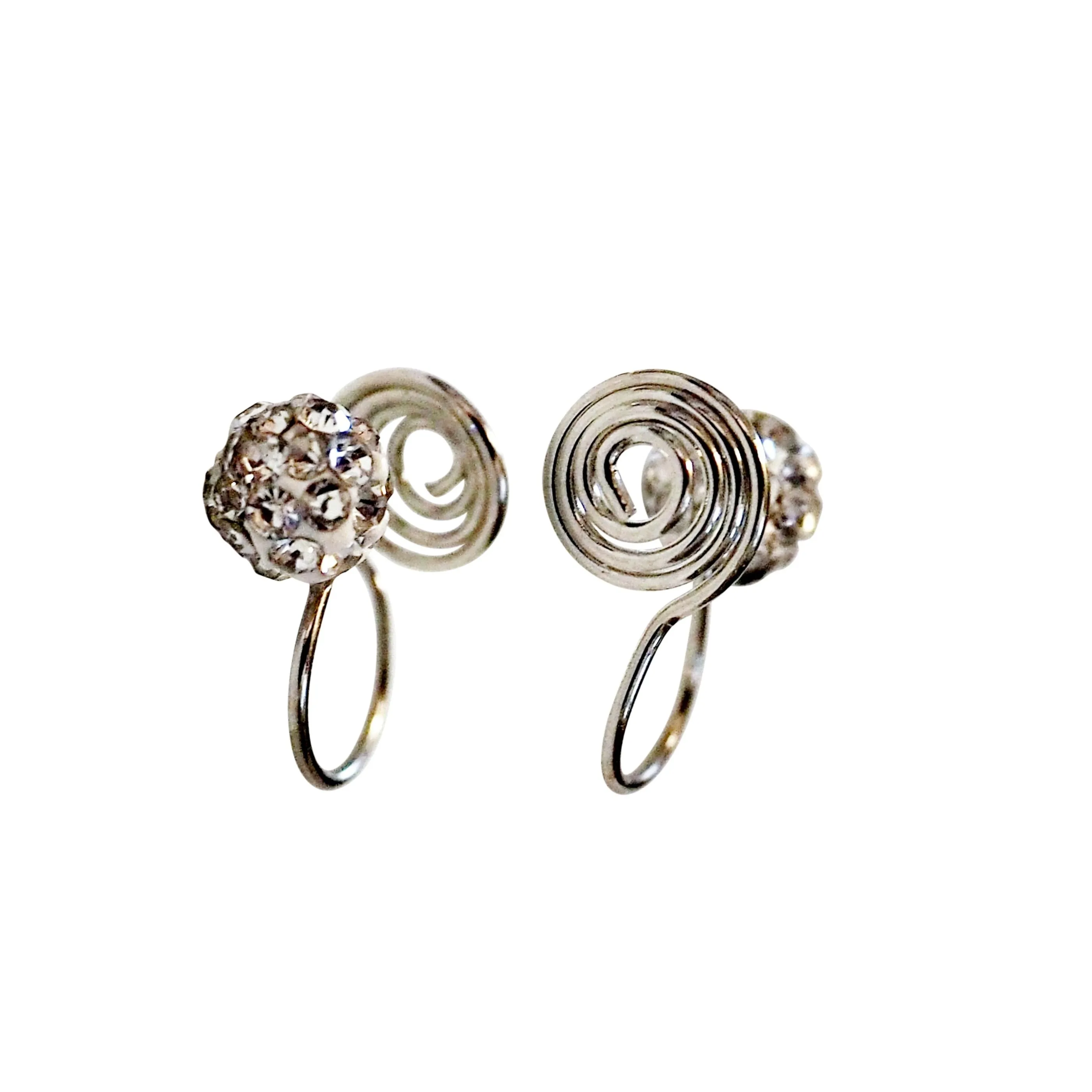 Silver Crystal Rhinestone Pave Ball Spiral Clip On Earrings