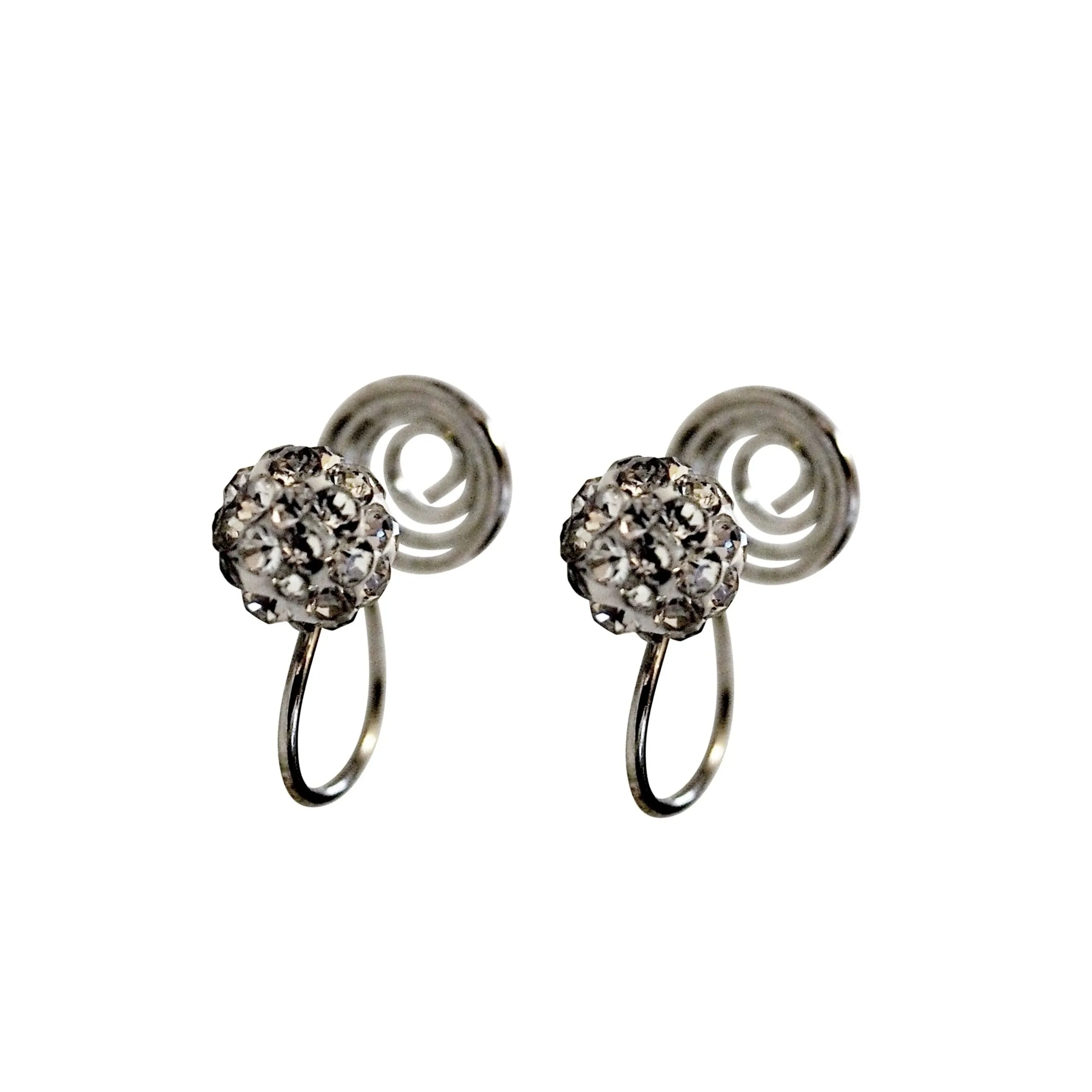 Silver Crystal Rhinestone Pave Ball Spiral Clip On Earrings