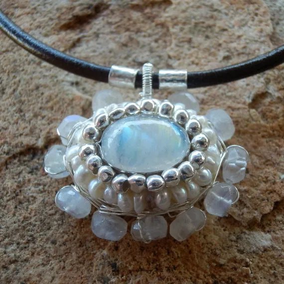 Silver Moonstone Chakra Necklace on Leather Cord