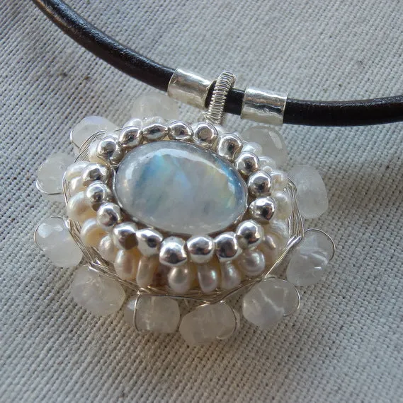 Silver Moonstone Chakra Necklace on Leather Cord