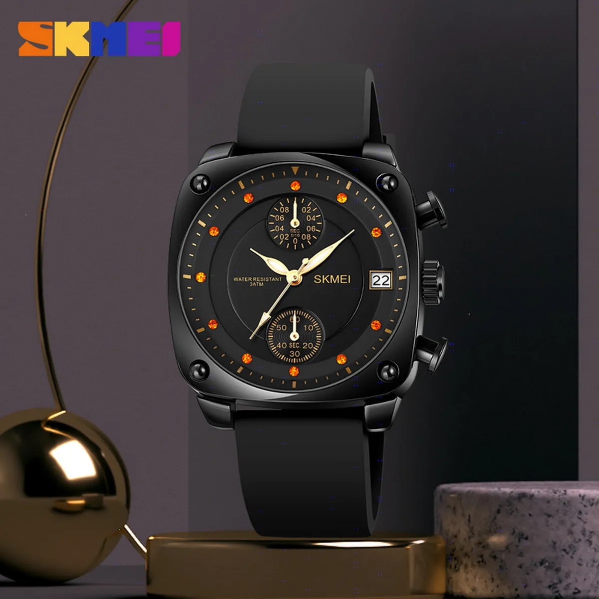 SKMEI 1903 Square Quartz Watch w/ Silicon Strap