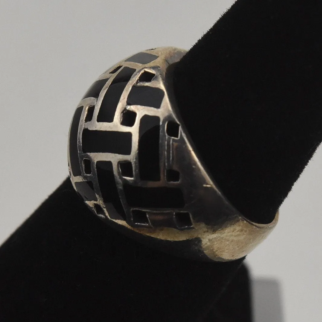 Stunning Basket Weave Sterling Silver Black Onyx Ring - Size 6