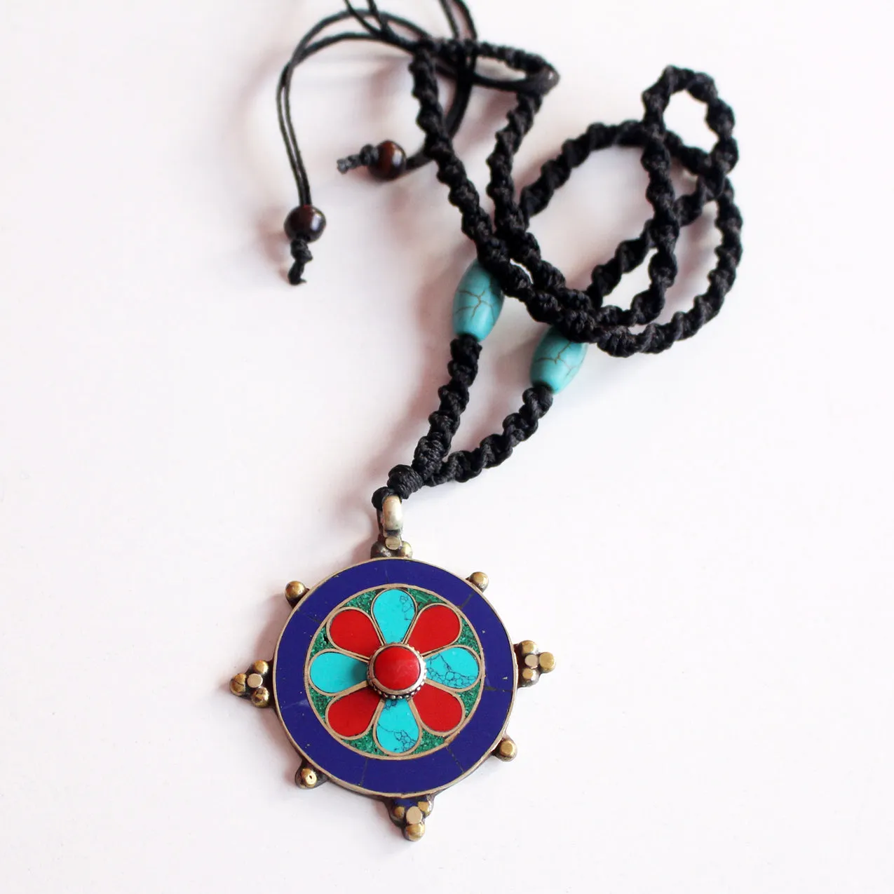 Tibetan White Metal Flower Inlaid Pendant