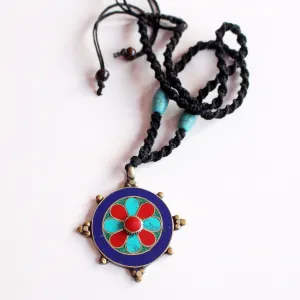 Tibetan White Metal Flower Inlaid Pendant