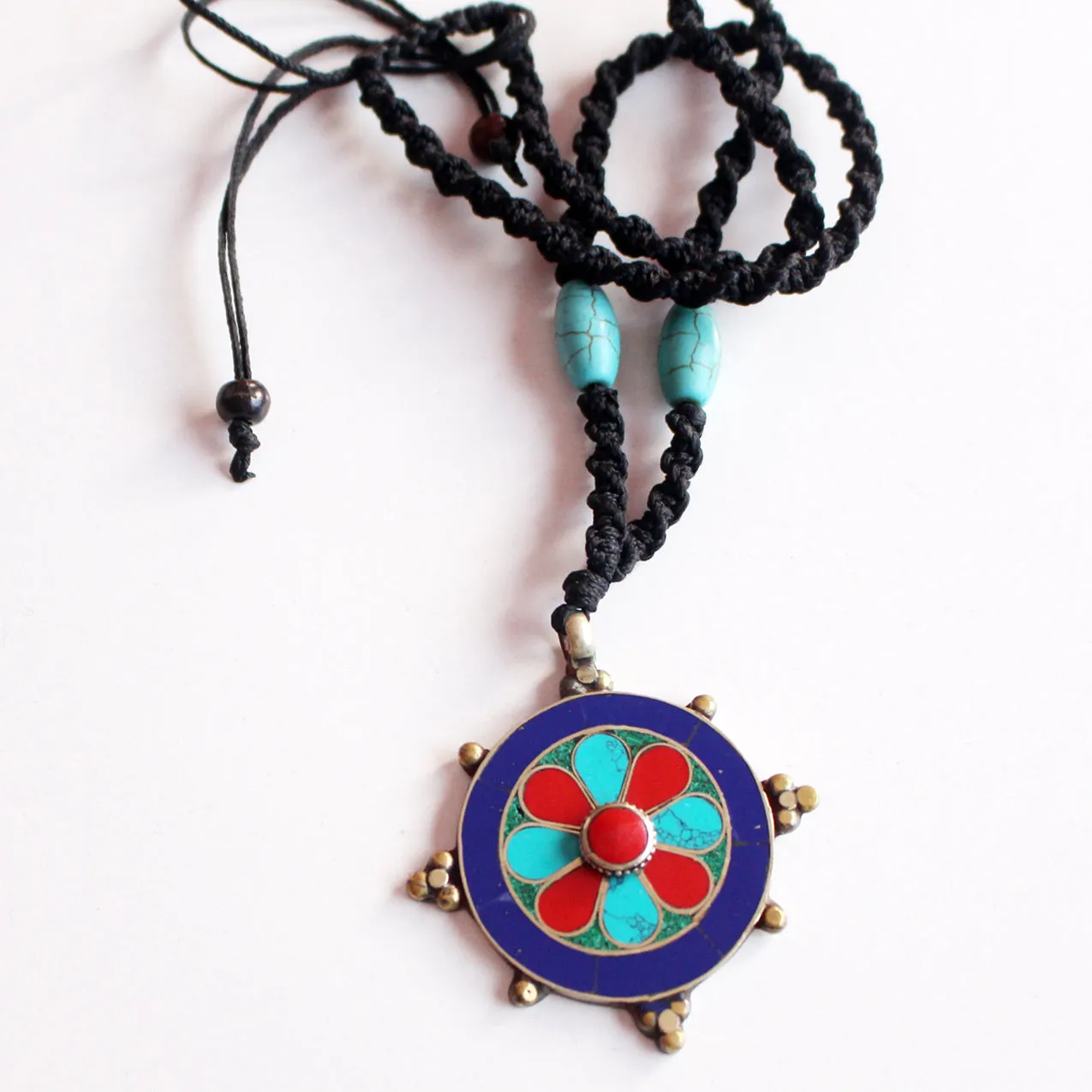 Tibetan White Metal Flower Inlaid Pendant