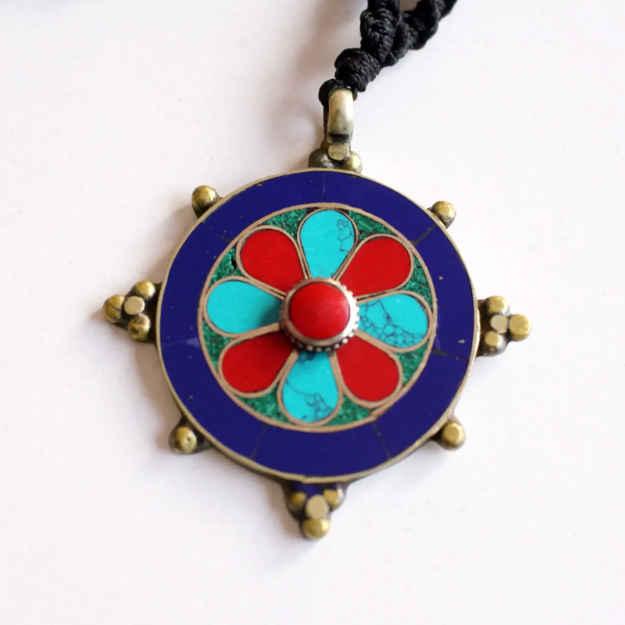 Tibetan White Metal Flower Inlaid Pendant