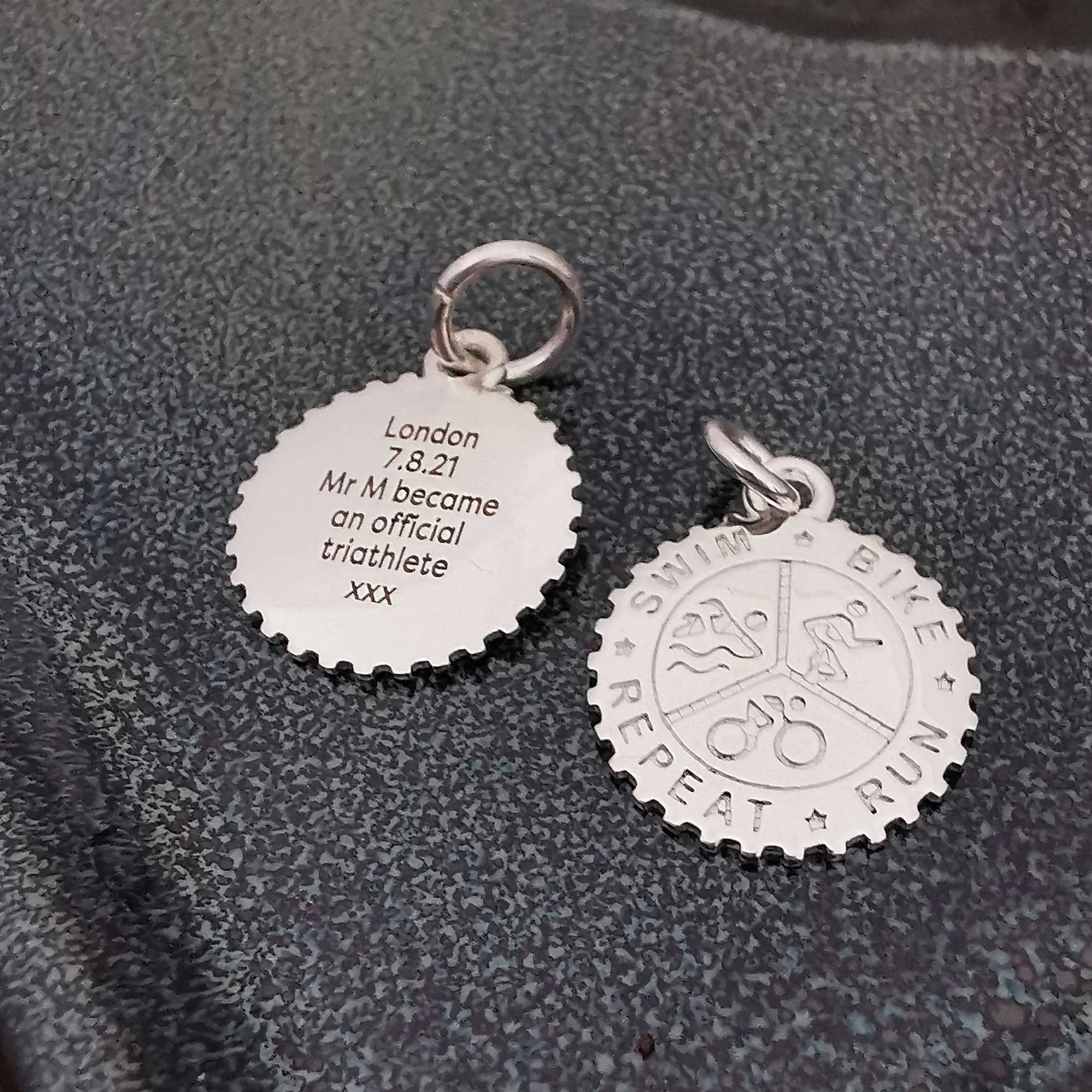 Triathlon Swim Bike Run Personalised Silver Charm