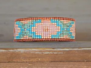 Turquoise, Blush, and Rose Gold Southwestern Style Bead Loom Woven Bracelet