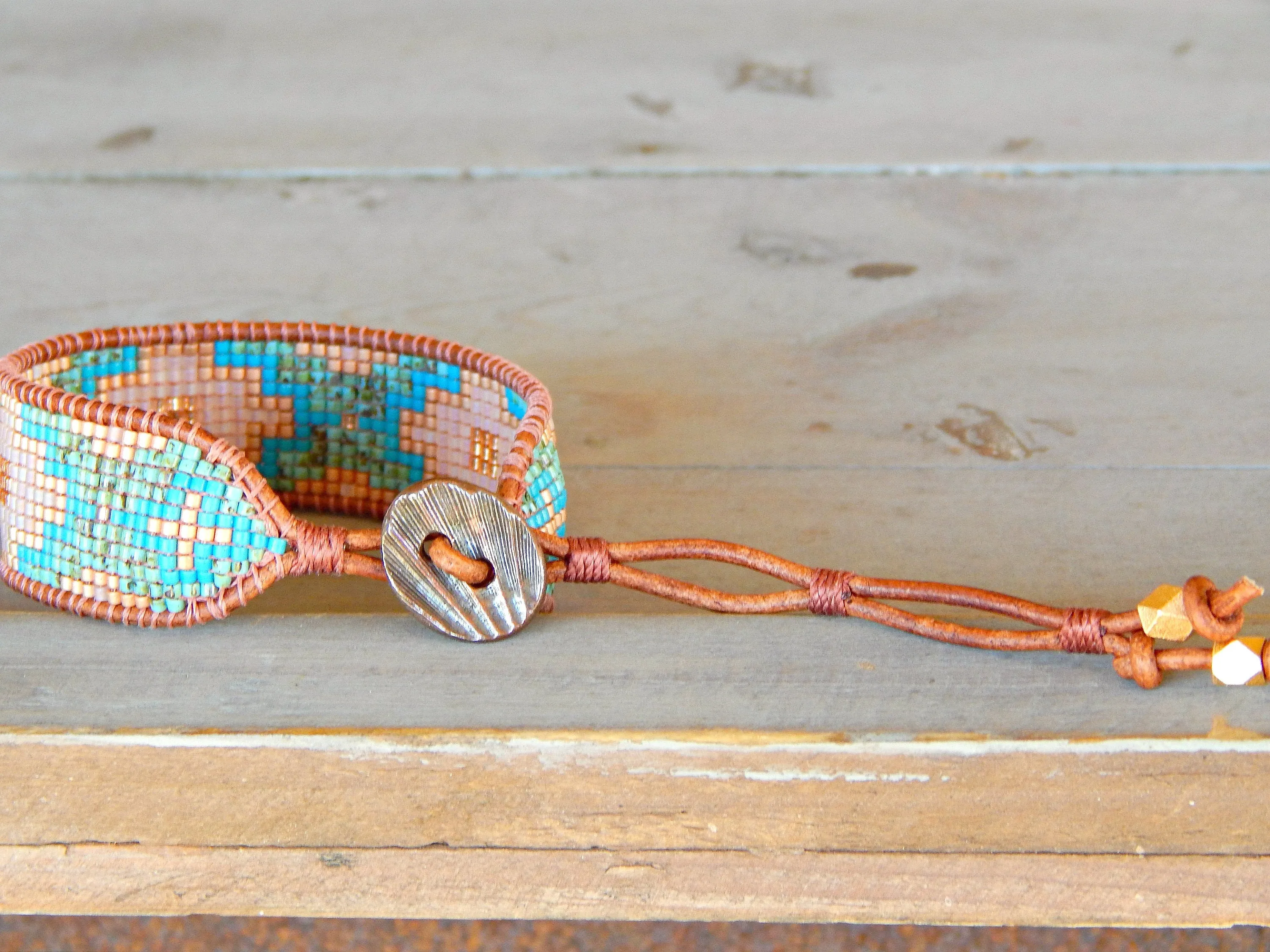 Turquoise, Blush, and Rose Gold Southwestern Style Bead Loom Woven Bracelet