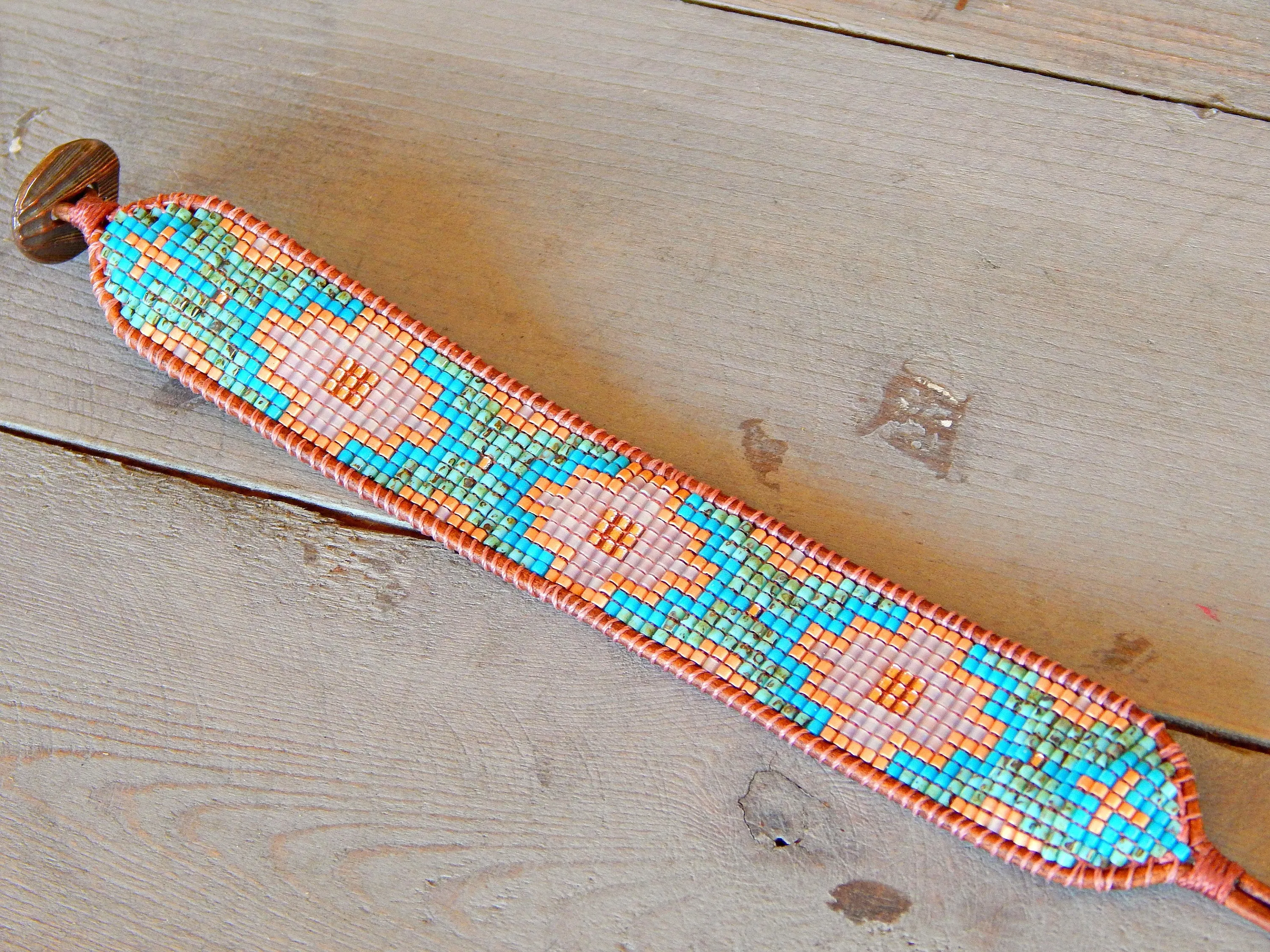 Turquoise, Blush, and Rose Gold Southwestern Style Bead Loom Woven Bracelet