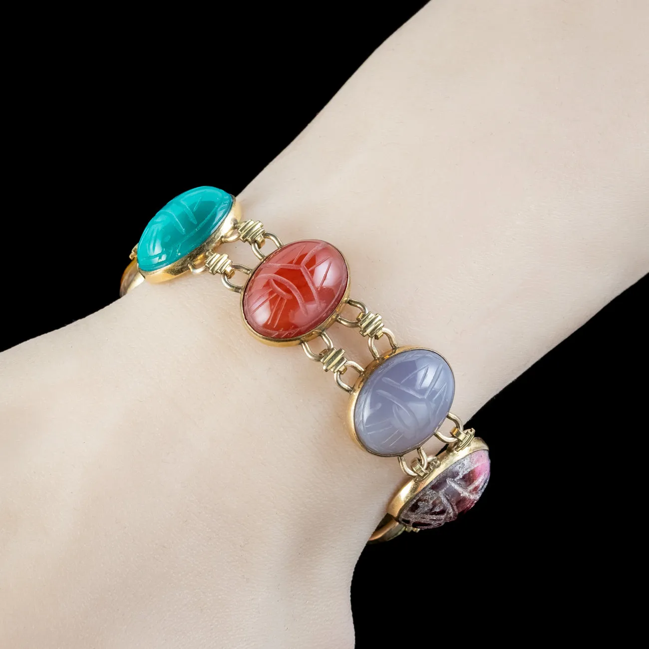 Vintage Scarab Beetle Gemstone Bracelet 12ct Gold Filled