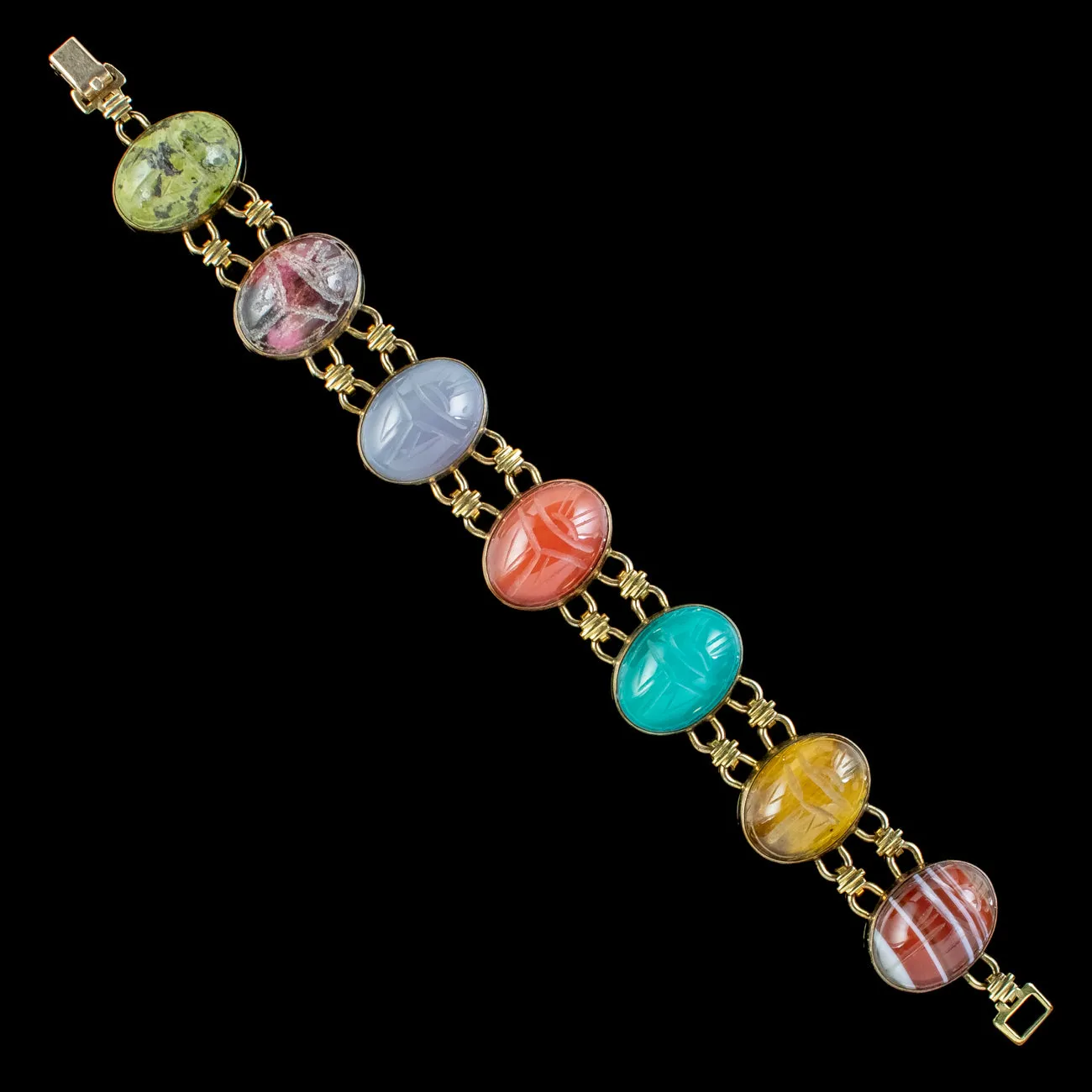 Vintage Scarab Beetle Gemstone Bracelet 12ct Gold Filled