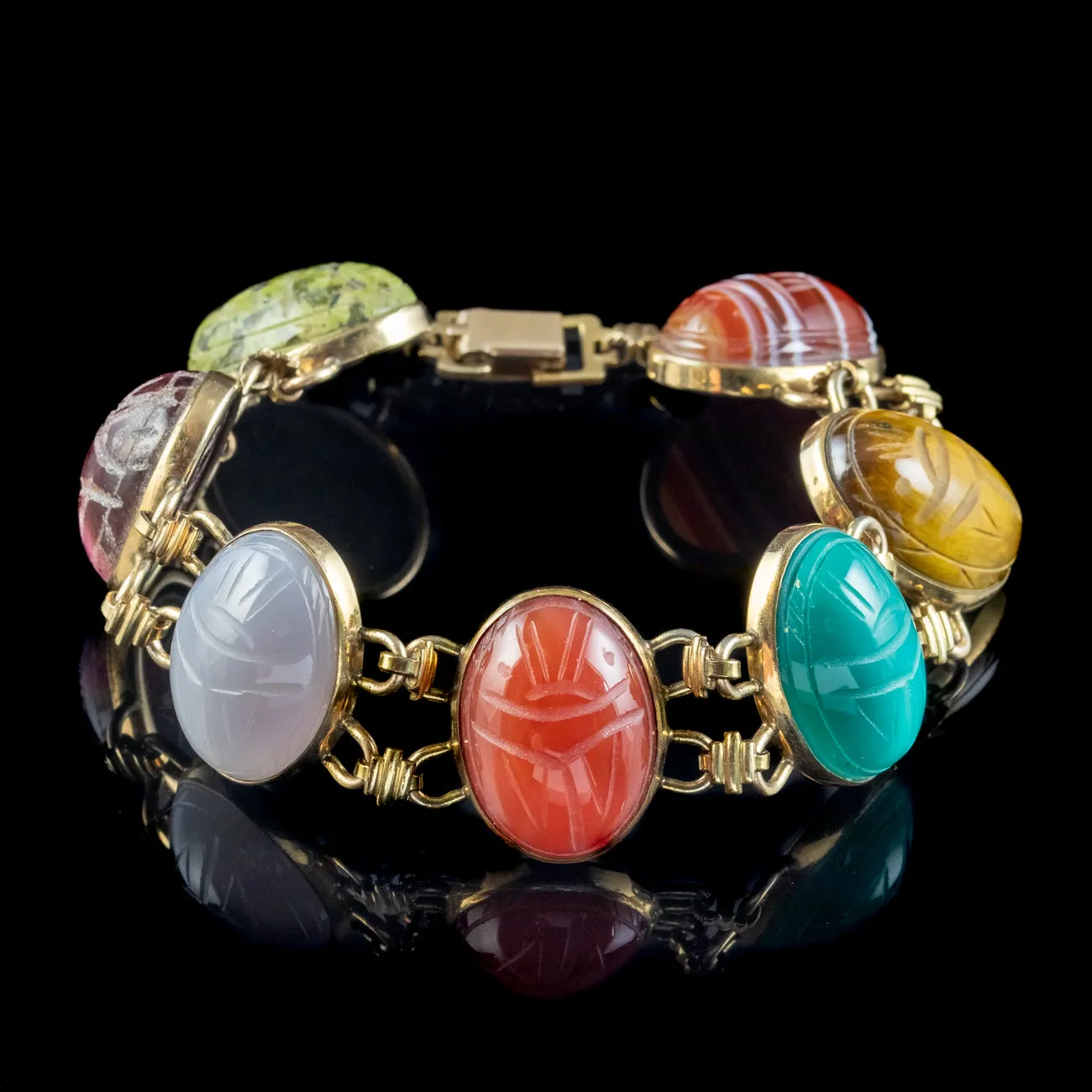 Vintage Scarab Beetle Gemstone Bracelet 12ct Gold Filled