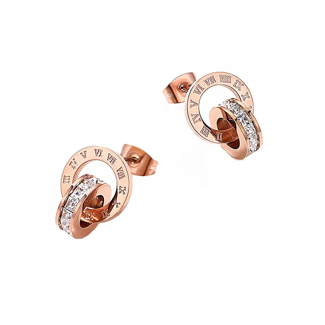 Yellow Chimes Earrings for Women Western Rose Gold Plated Stainless Steel Roman Numericals Engraved Crystal Statement Drop Earrings for Women and Girls.